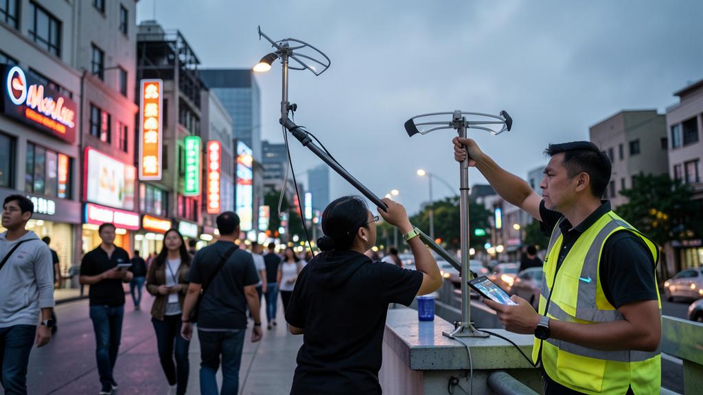 Two technicians are installing and testing 5G network equipment on a city street at dusk.