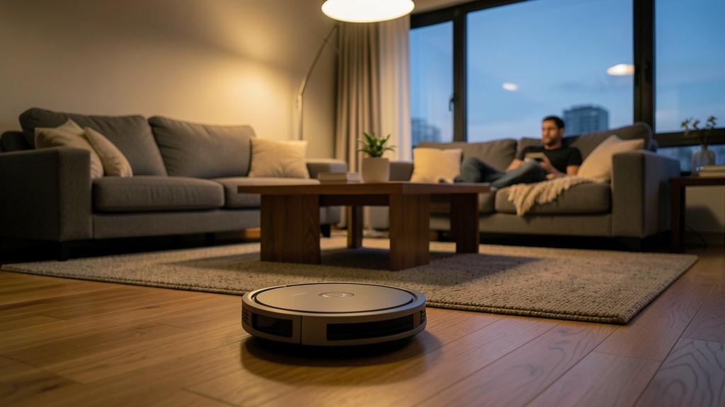 Un aspirateur robot fonctionne sur un parquet dans un salon moderne, avec une personne assise sur un canapé en arrière-plan.