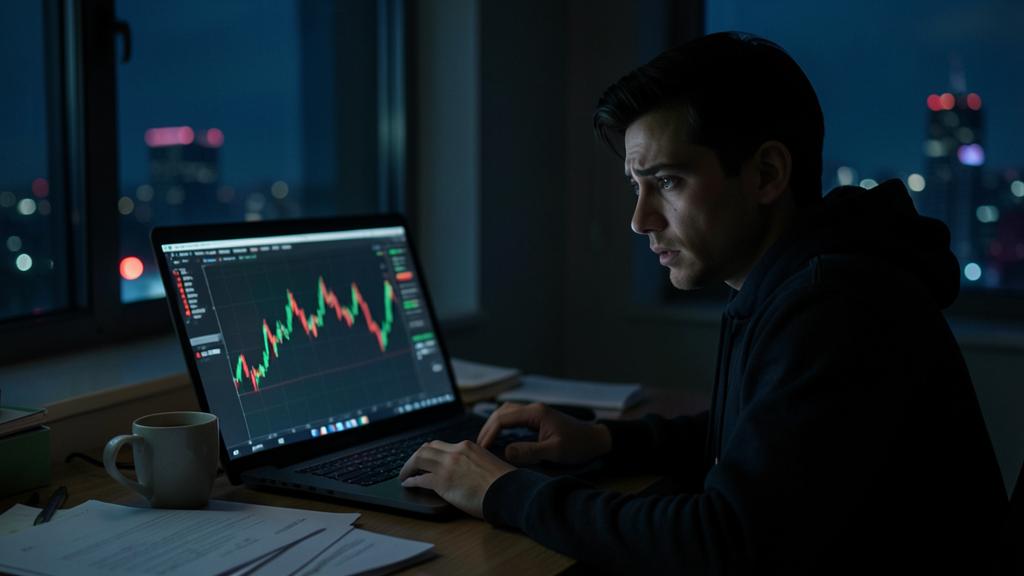 A man looks at a cryptocurrency price chart on a laptop screen, with a city skyline visible through the window.