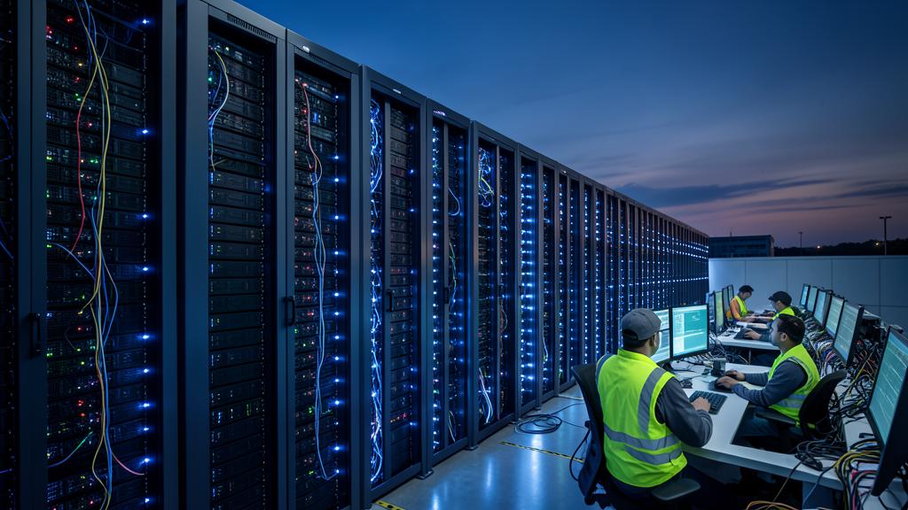 Technicians in safety vests work at computer stations in a blue-lit data center.