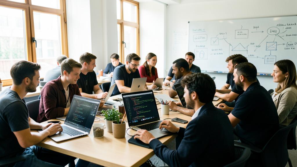 Eine diverse Gruppe arbeitet in einem modernen Büro an Laptops mit sichtbarem Code auf den Bildschirmen.