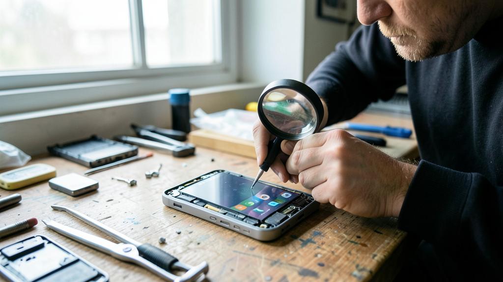 Un hombre repara un smartphone desmontado con un destornillador y una lupa sobre un banco de trabajo.