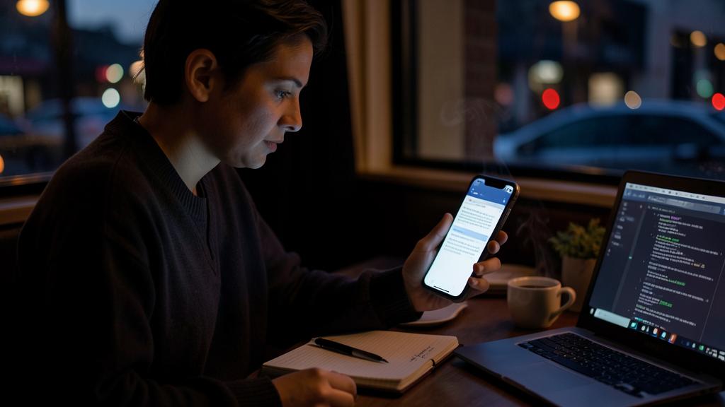 A person is using a smartphone and a laptop in a dimly lit setting, working or studying with technology.