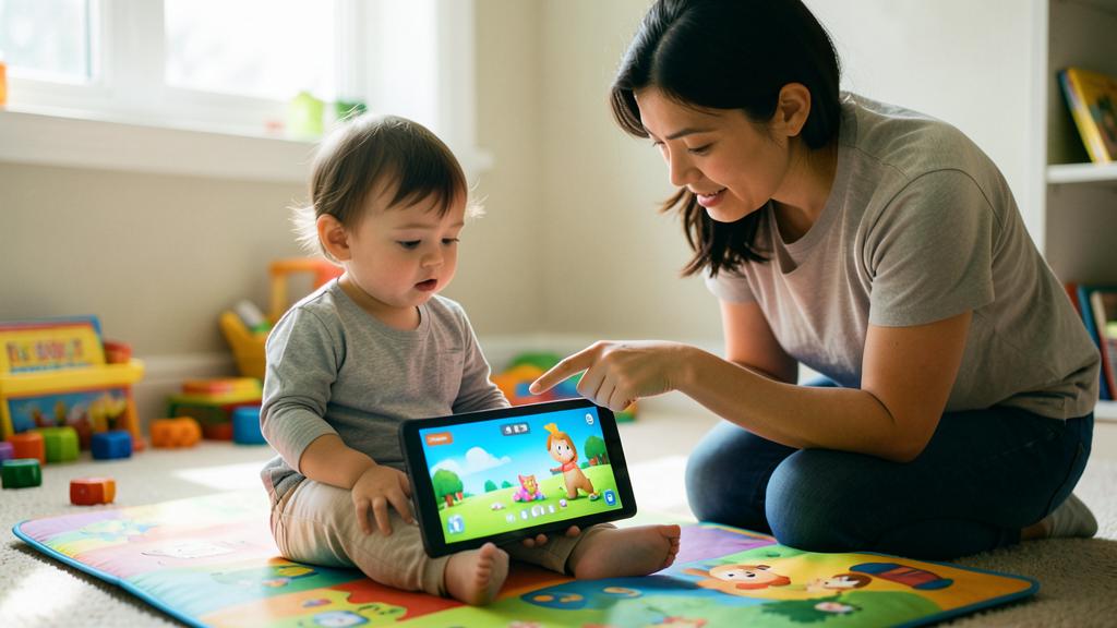 Une femme et un tout-petit regardent une tablette affichant une application éducative pour enfants.