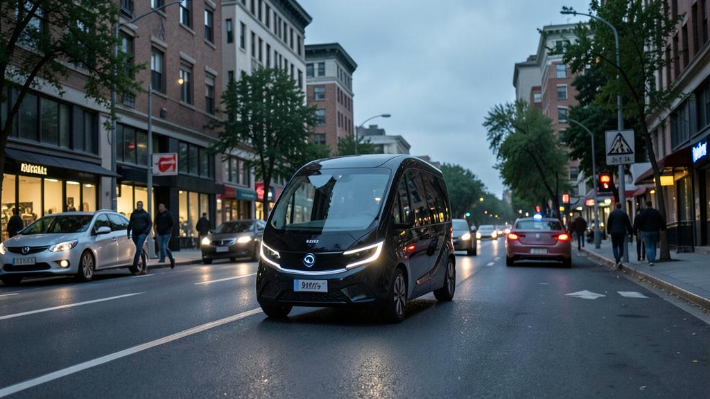 Una furgoneta eléctrica autónoma negra circula por una calle urbana al atardecer, con peatones y otros vehículos visibles.
