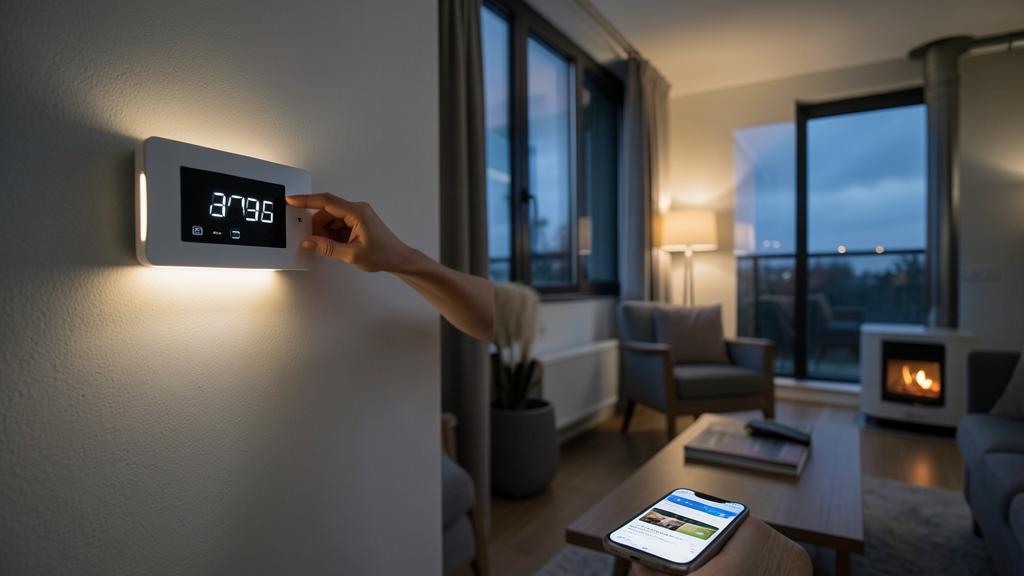 Una mano ajusta un termostato digital en la pared mientras sostiene un smartphone con una aplicación de control, en una sala de estar moderna con chimenea.