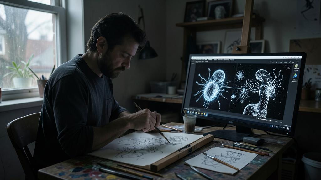 Ein Mann malt von Hand, während er eine von KI erstellte digitale Kunst betrachtet.