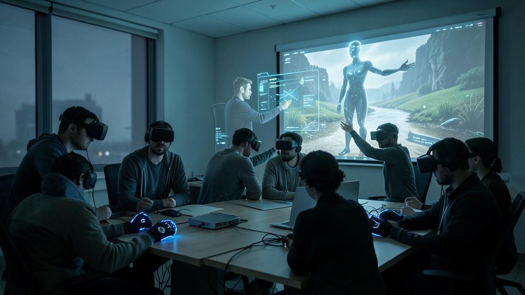 Un grupo de personas con gafas de realidad virtual interactúa con una proyección holográfica.