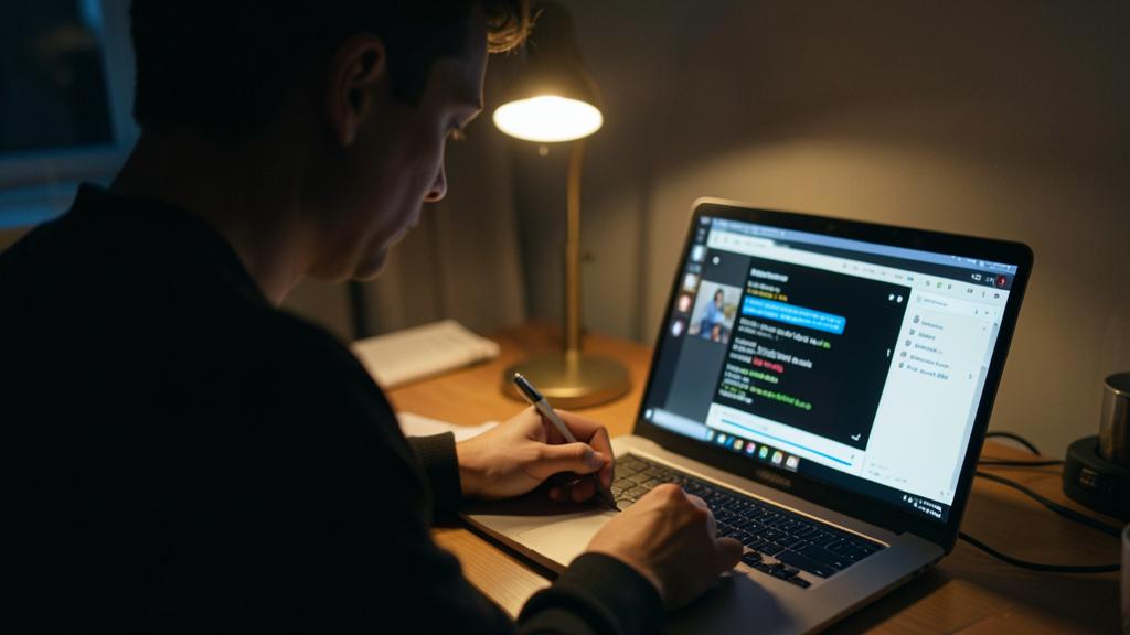Une personne prend des notes devant un ordinateur affichant une interface de conférence.