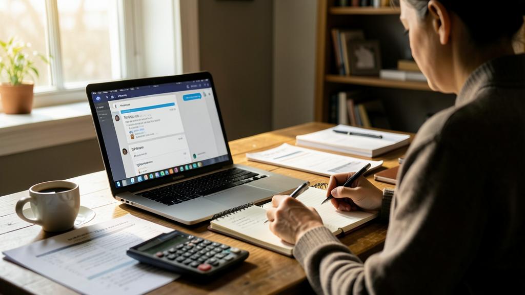 Une personne travaille sur un budget avec un ordinateur, un carnet et une calculatrice.