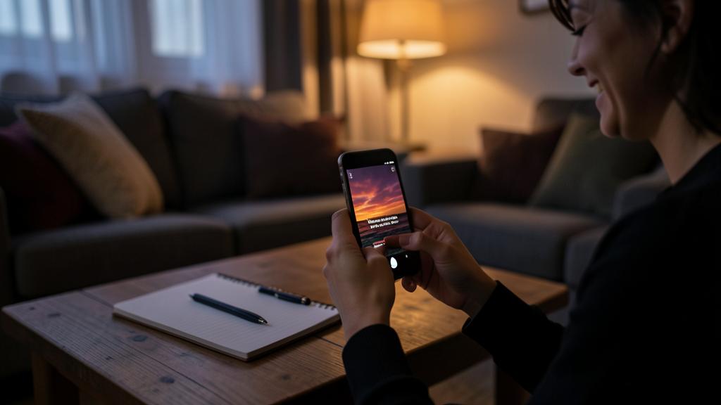 Una mujer sonríe mientras usa su smartphone para ver una foto con un fondo de atardecer y texto, con un cuaderno y un bolígrafo en la mesa.