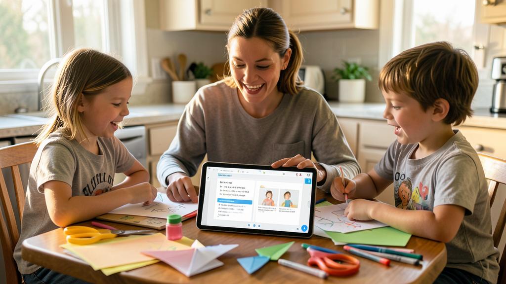Une femme et deux enfants sourient en utilisant une tablette avec une interface d'apprentissage des langues, entourés de fournitures de bricolage.