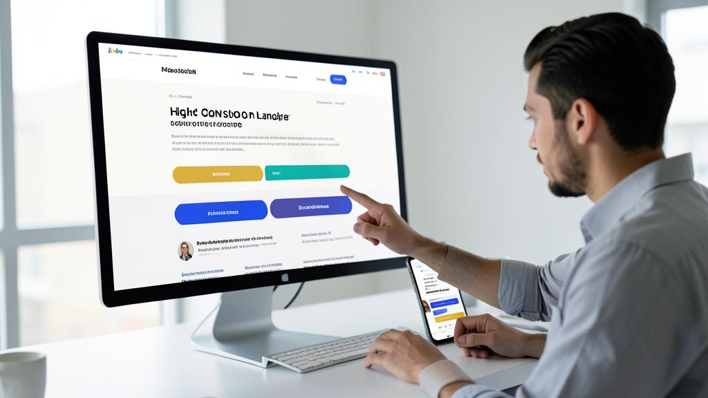 Ein Mann zeigt auf einen Bildschirm mit einer minimalistischen Website und hält ein Smartphone mit ähnlicher Oberfläche.