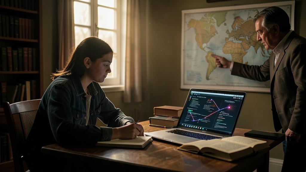 Un homme et une jeune femme étudient des données historiques avec une carte et un ordinateur.
