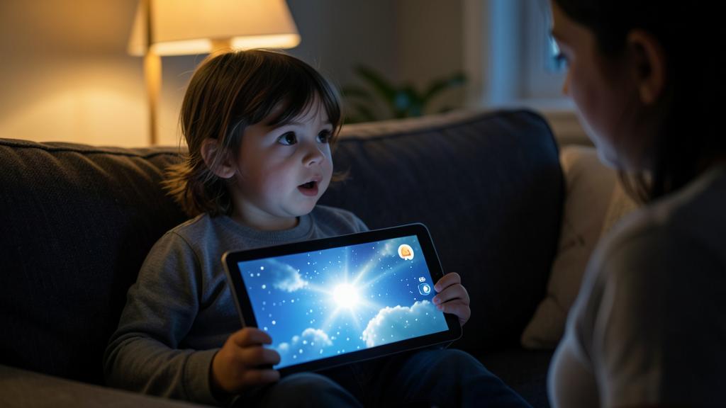 A child looks up at an adult explaining something while holding a tablet displaying a starry sky.