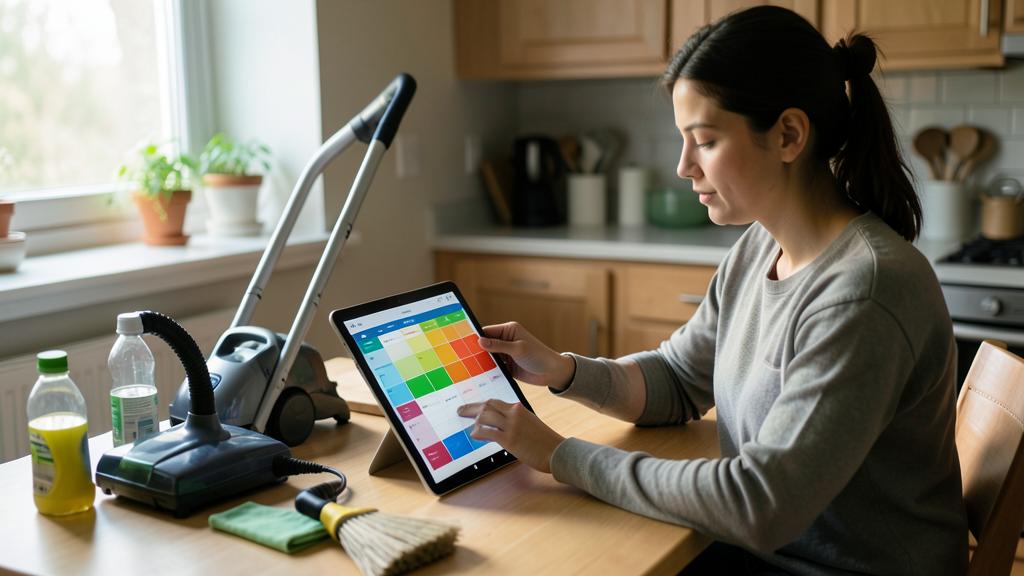 A woman uses a tablet with a colorful cleaning schedule, surrounded by cleaning supplies.