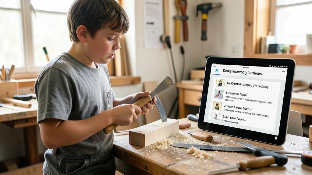 A young boy is using a chisel on a piece of wood in a workshop, with a tablet displaying instructions in front of him.