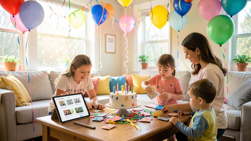 A woman and three children gather around a table with a cake and a tablet to plan a birthday party.