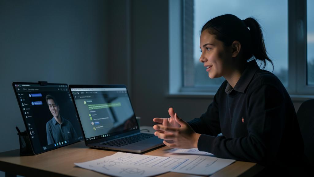 Une femme en visioconférence sur un ordinateur, gesticulant, avec une tablette affichant l'autre participant.