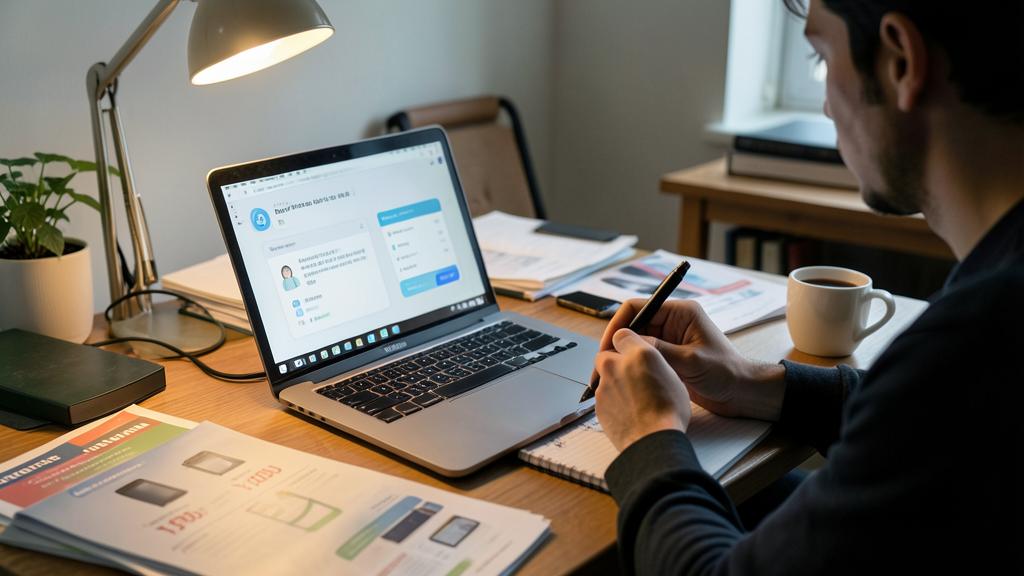 Un hombre trabaja en una computadora portátil, toma notas y revisa documentos.