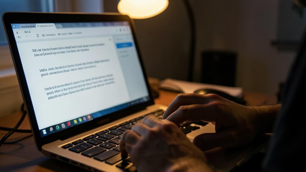 A person's hands are typing on a laptop keyboard with a document open on the screen.