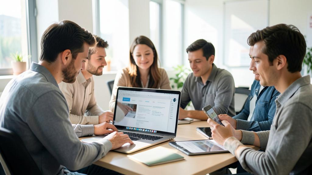 Eine Gruppe junger Berufstätiger arbeitet gemeinsam an einem Tisch mit vernetzten Geräten.