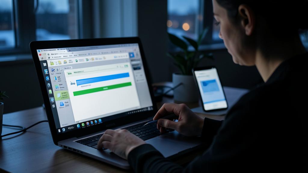 Eine Person nutzt einen Laptop in einem schwach beleuchteten Raum, mit einer Komprimierungssoftware auf dem Bildschirm.