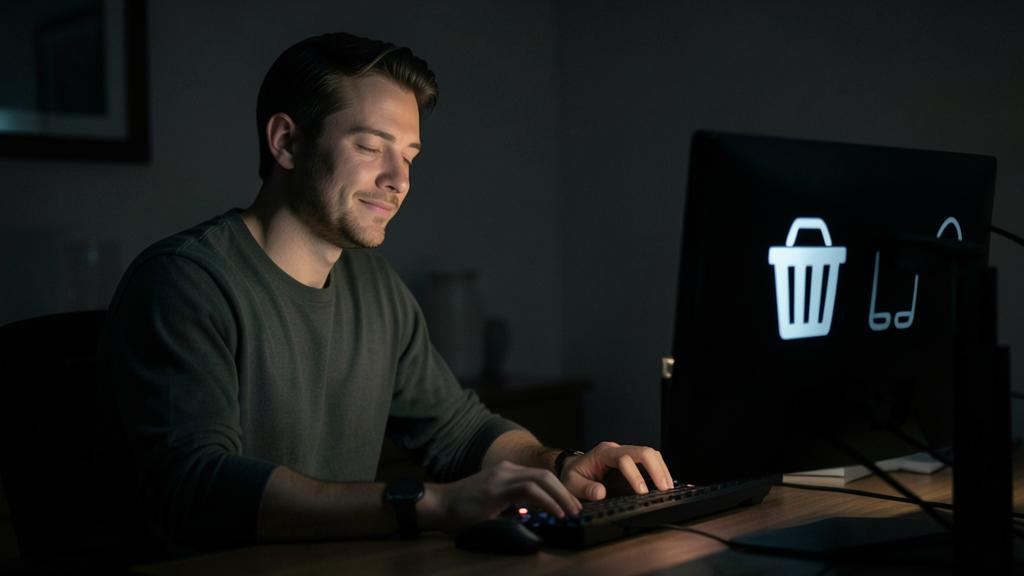 Un homme utilise un ordinateur avec une icône de corbeille illuminée à l'écran.