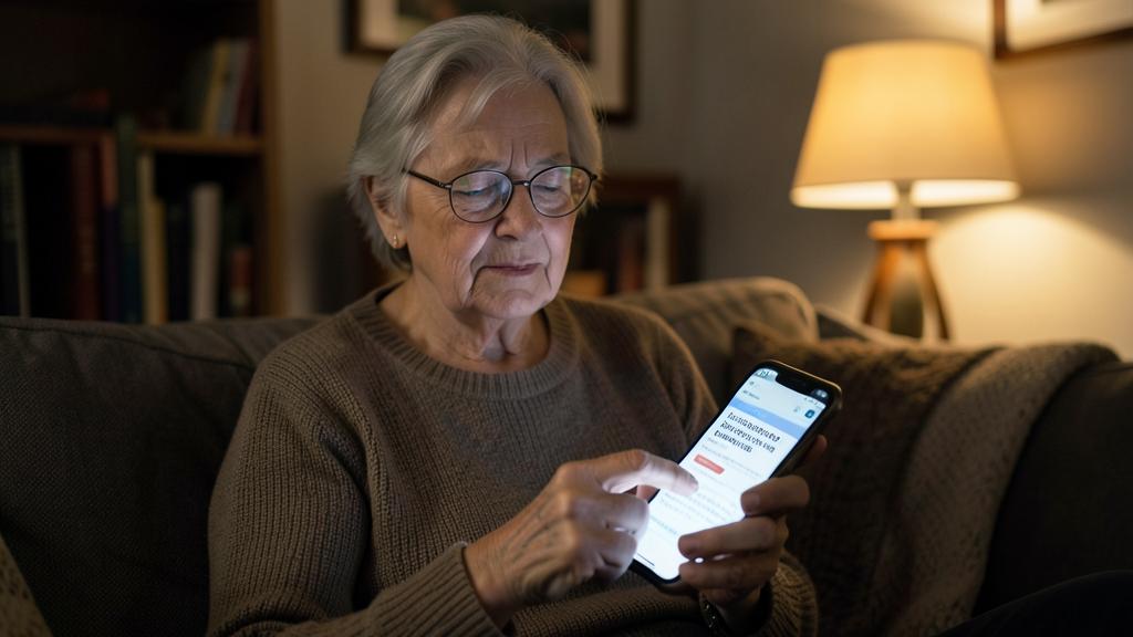 Eine ältere Person nutzt ein Smartphone mit vergrößertem Text auf dem Bildschirm.