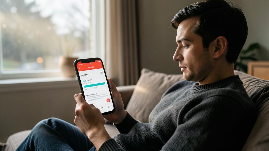 Un hombre usa un smartphone para gestionar actualizaciones en una aplicación.