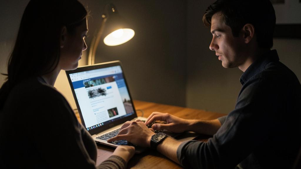 A man and a woman are looking at a laptop screen displaying a web browser with a social media page.