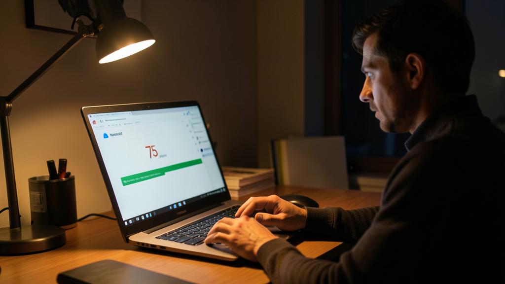 A man uses a laptop to upload a file, with a progress bar at 75%.