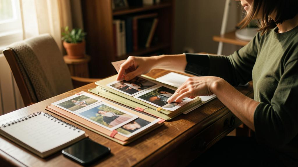 Une femme range des photos imprimées dans un album sur un bureau en bois.