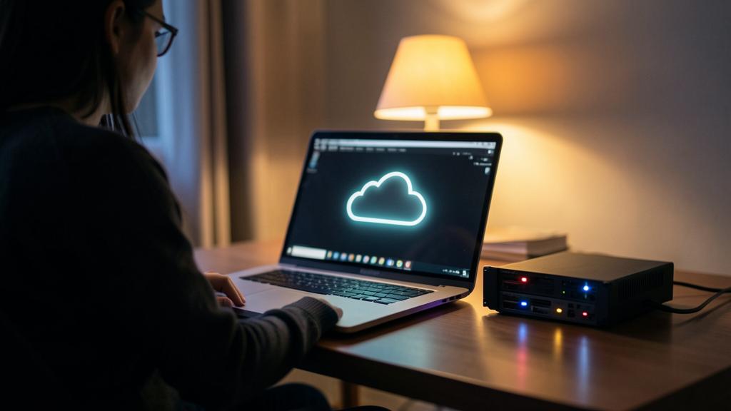 A person uses a laptop with a cloud icon next to a network device in a dimly lit room.