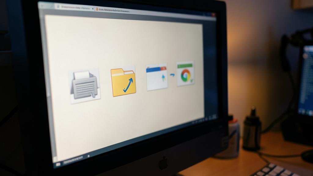 A computer desktop with shortcut icons for a printer, a folder, and a web browser.