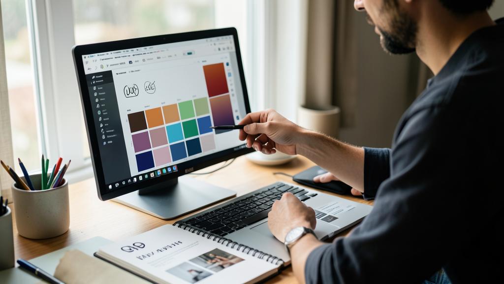 Un homme sélectionne des couleurs dans un logiciel de design, avec un carnet et des stylos sur le bureau.