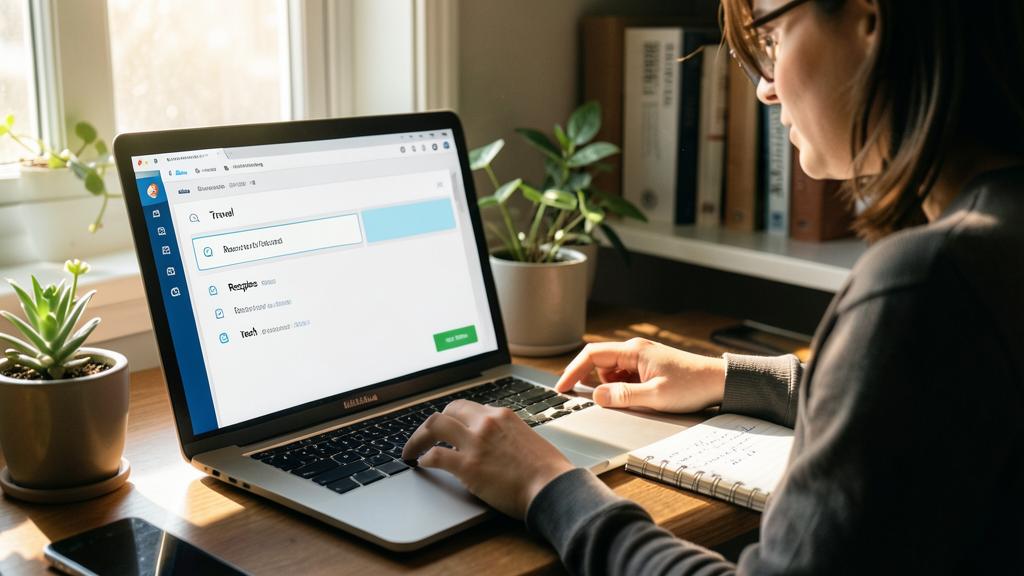Une personne utilise un ordinateur pour organiser le contenu d'un blog avec des catégories comme 'Voyage', 'Recettes' et 'Tech'.
