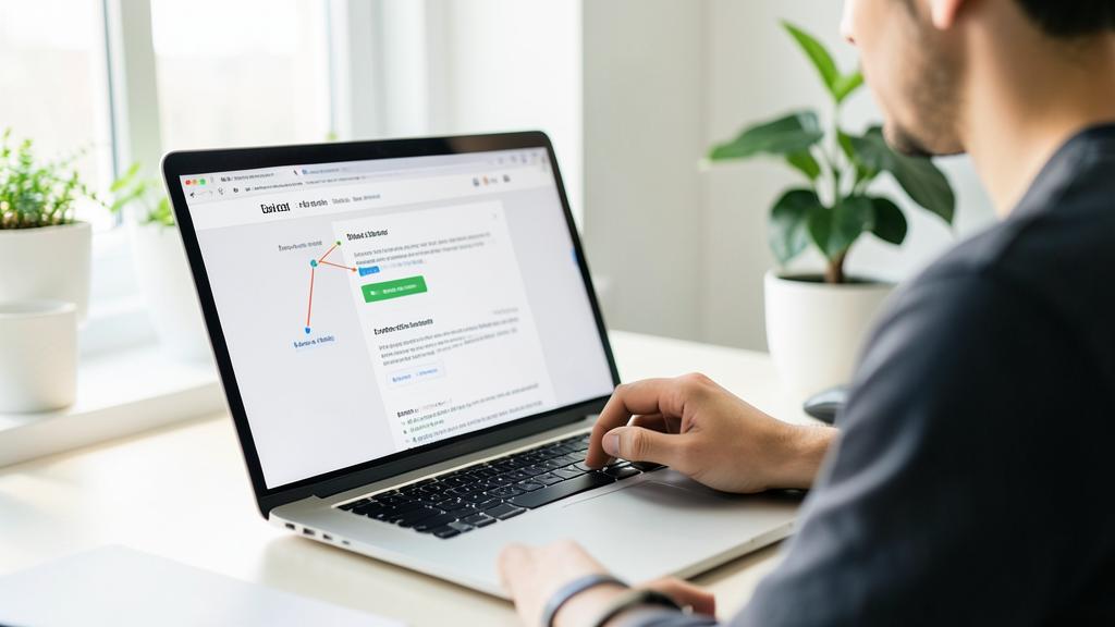 Una persona usa una computadora mostrando un sitio web con un diagrama de enlaces internos.
