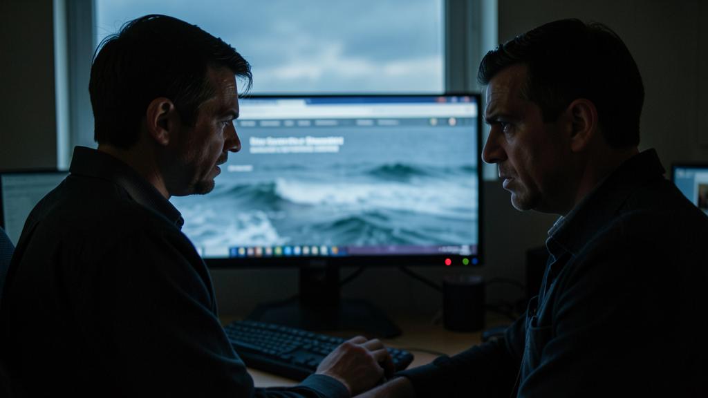 Two men are looking at a screen displaying a webpage with an ocean wave video in the background.