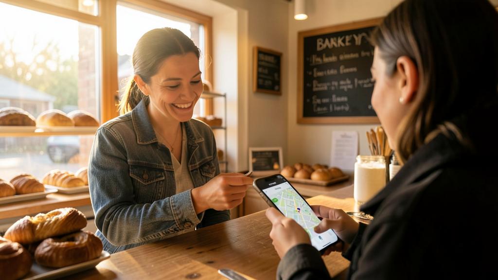 Una mujer sonríe mientras mira un smartphone que muestra una aplicación de mapas con un lugar marcado.