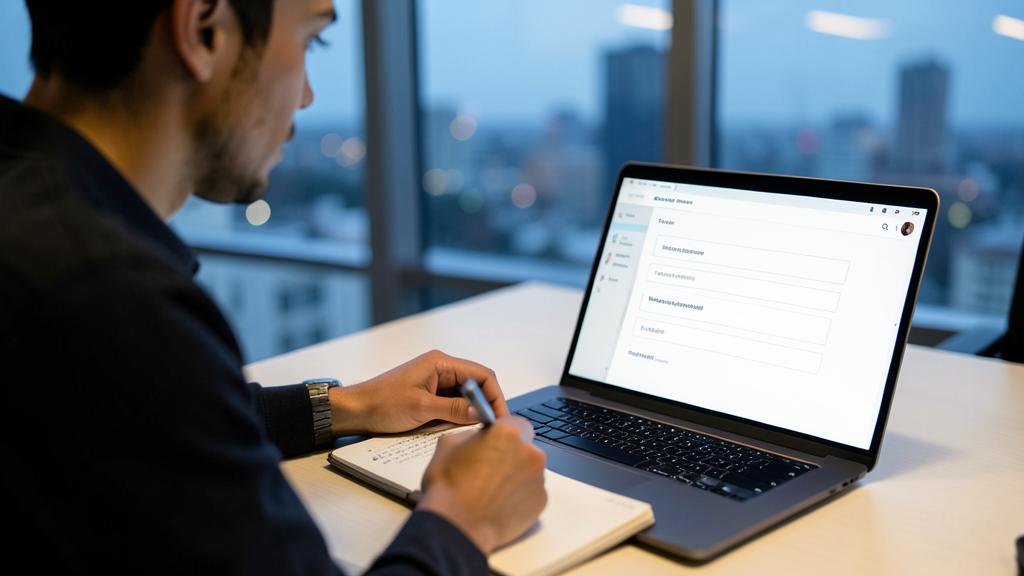 Un homme prend des notes devant un ordinateur affichant un formulaire.