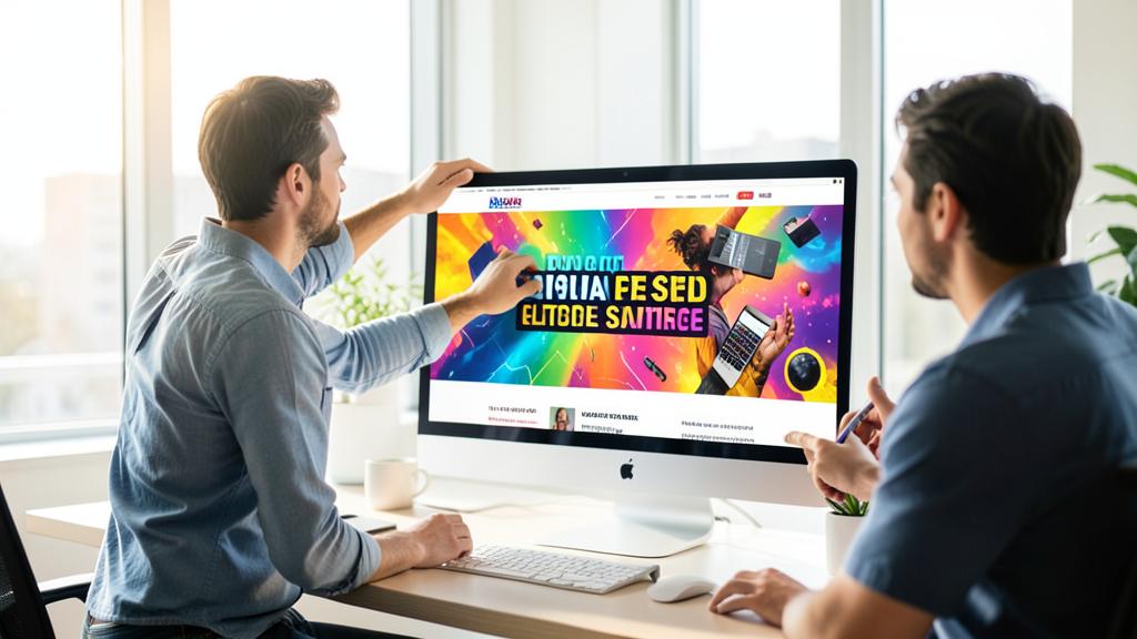 Dos hombres colaboran frente a una pantalla que muestra un sitio web con un banner promocional colorido.