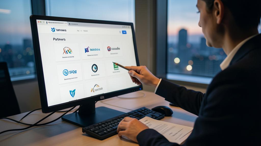Un hombre con traje señala una pantalla que muestra una página 'Socios' con logos de empresas.