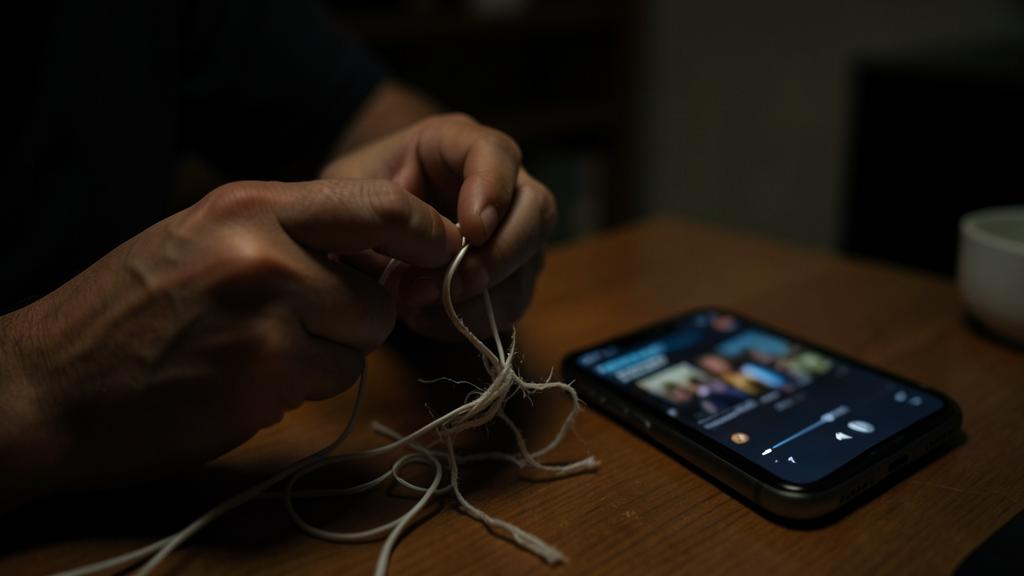 Unas manos desenredan un cable de auriculares desgastado junto a un smartphone con una app de música.