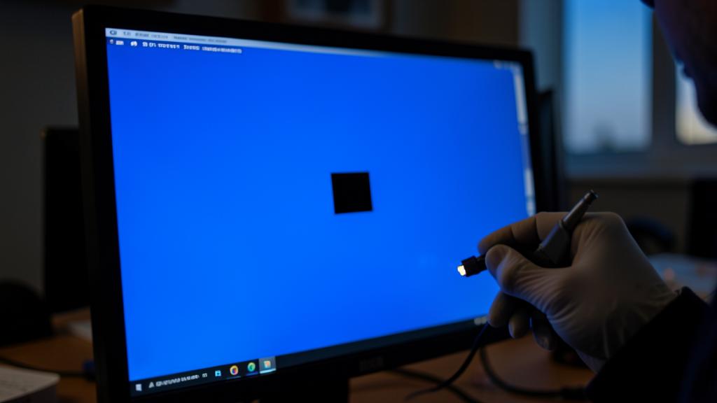 A person wearing gloves holds a cable near a monitor displaying a black square on a blue screen.