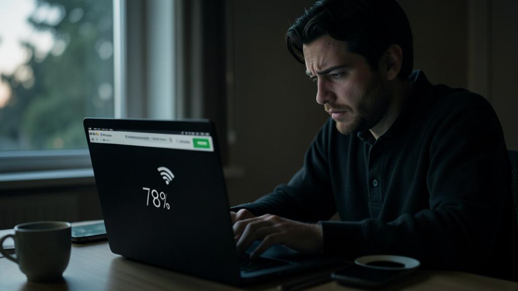 Un homme frustré travaille sur un ordinateur affichant une barre de téléchargement à 78%.