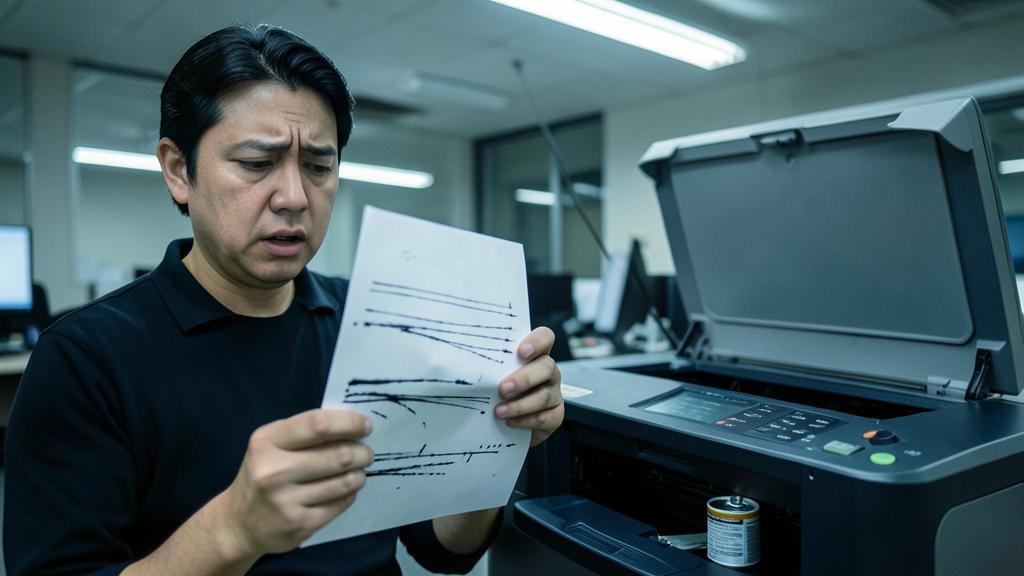 Un homme examine une feuille imprimée avec des traces noires à côté d'une imprimante ouverte.
