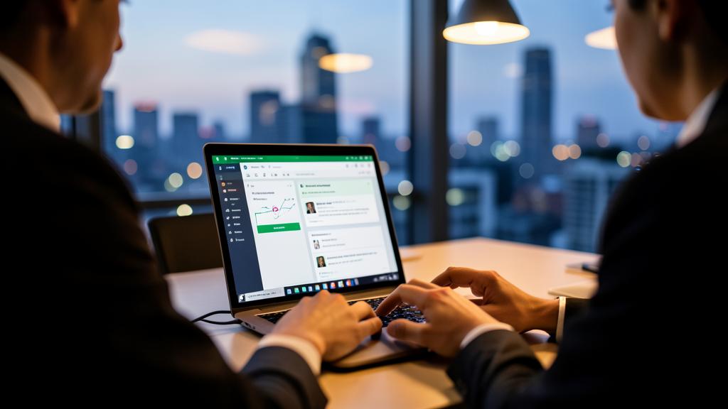Two professionals collaborate on a laptop displaying graphs and data.