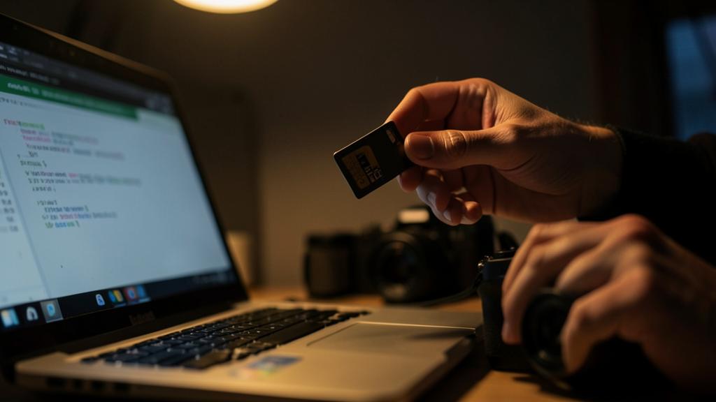 Une personne tient une carte mémoire devant un ordinateur affichant du code, avec un appareil photo en arrière-plan.