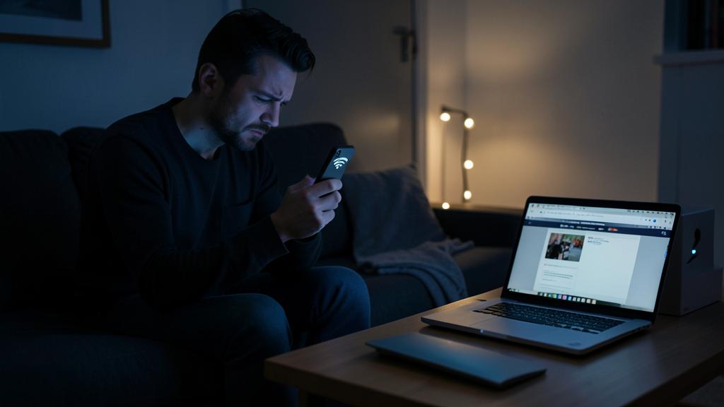 Un homme assis sur un canapé regarde son smartphone avec une expression inquiète, tandis qu'un ordinateur portable à côté affiche une page web indiquant un problème de connexion.